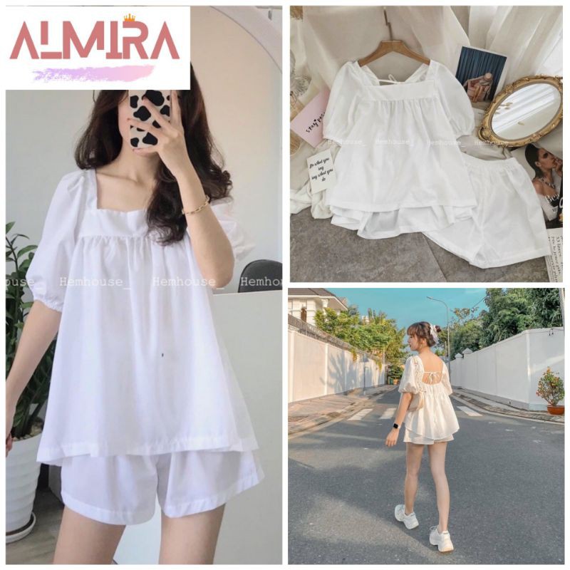[ RẺ HỦY DIỆT ] Sét Baby Doll Màu Trắng Thắt Dây Lưng Bánh Bèo Sống Ảo ( Hàng chuẩn )